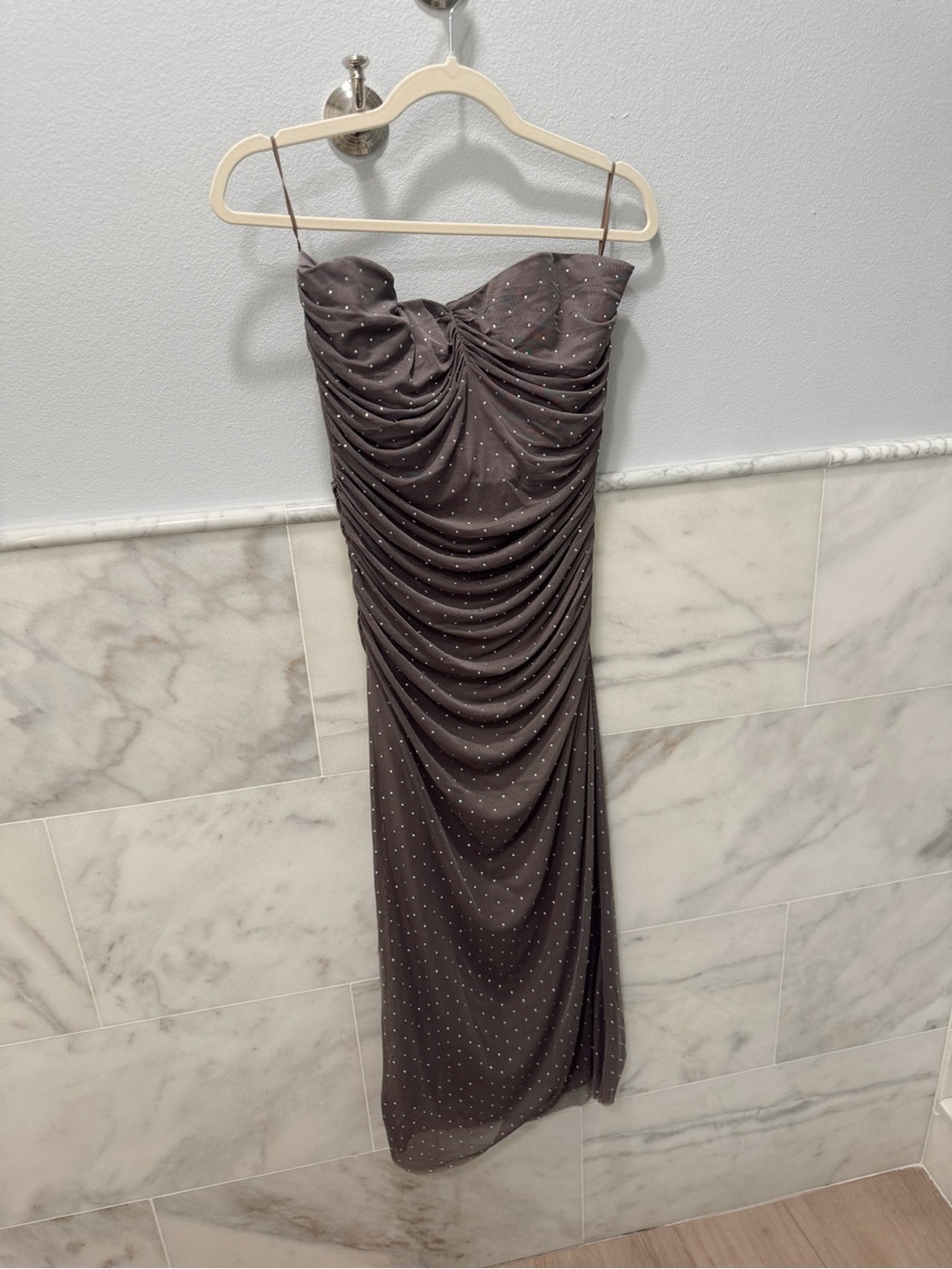 Vici Strapless Draped Brown Dress with Sparkle
